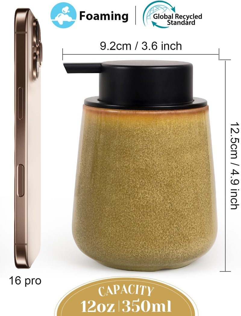 INGOFIN Ceramic Foaming Soap Dispenser - 12 oz Refillable Foam Hand Soap Dispenser Bathroom, Modern Dish Dispenser Pump for Kitchen,Kiln-Glazed Earthy Brown Yellow - Image 2